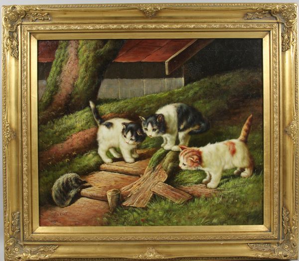 Appraisal: Three kittens playing o c th Century x x framed