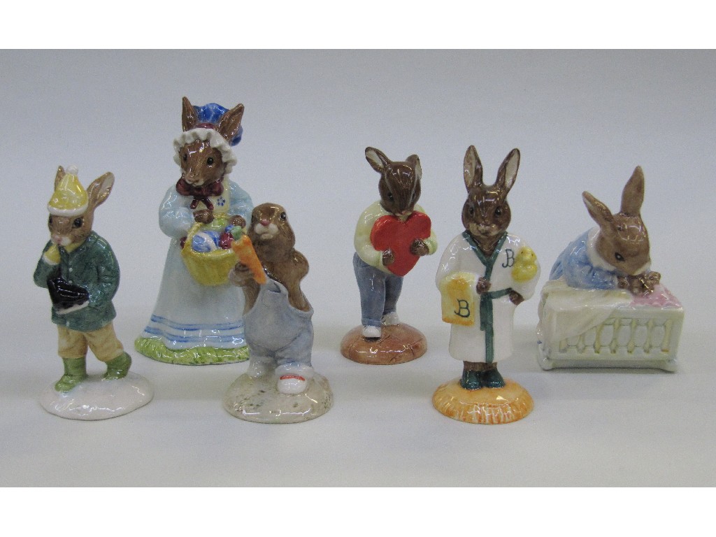 Appraisal: Six Royal Doulton Bunnykins figures including Boy Skater Mothers Day