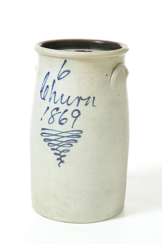 Appraisal: STONEWARE CHURN American nd half- th century Cobalt script ''