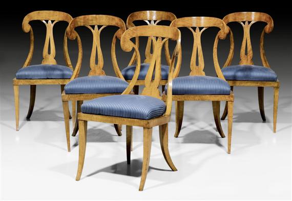 Appraisal: SET OF CHAIRS Biedermeier Vienna circa Shaped walnut Blue silk