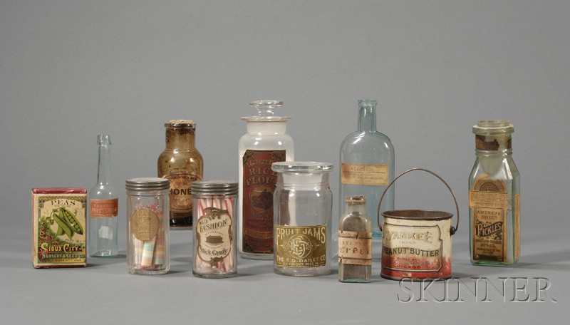 Appraisal: Nine Labeled Glass Bottles and Jars a Peanut Butter Tin