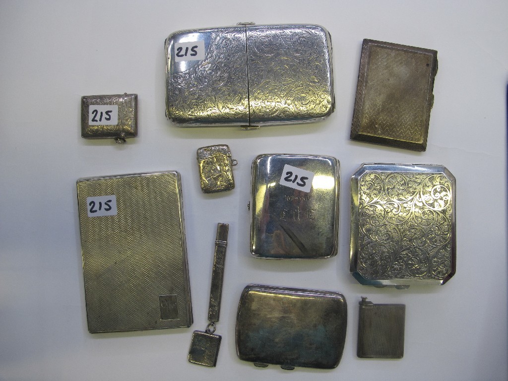 Appraisal: A lot comprising six silver cigarette cases two vestas a