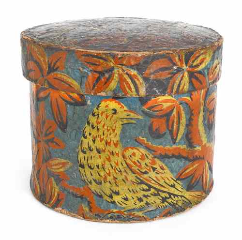 Appraisal: American round wallpaper box th c with colorful birds and