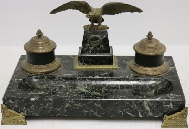 Appraisal: CA FRENCH BRONZE AND BLACK MARBLE INK STAND EAGLE ON