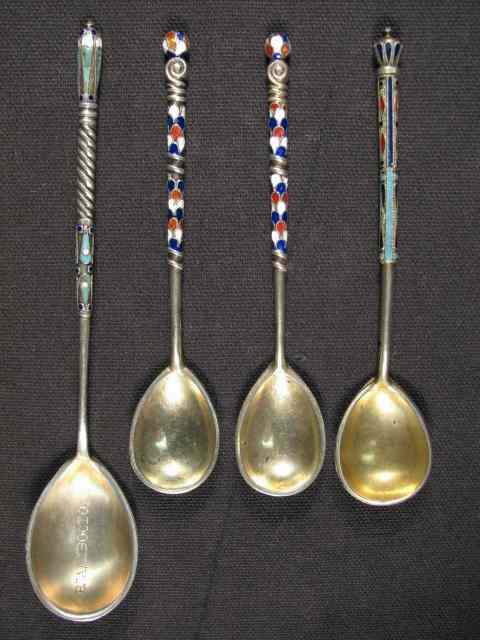 Appraisal: Four Russian enameled silver spoons Three smaller '' long and