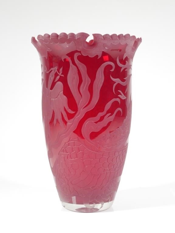 Appraisal: Carved intaglio art glass vase by Hawke American b measuring