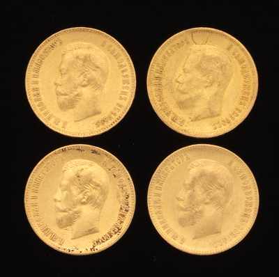 Appraisal: Four Gold Ruble Coins Four Russian gold coins dates