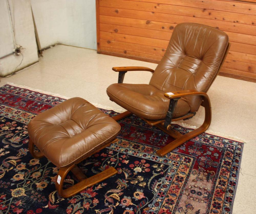 Appraisal: NORWEGIAN MODERN RECLINING LEATHER LOUNGE CHAIR AND MATCHING OTTOMAN Westnofa