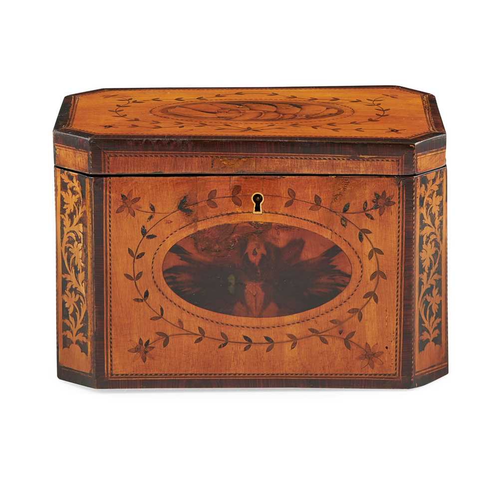 Appraisal: GEORGE III INLAID SATINWOOD AND FRUITWOOD TEA CADDY LATE TH