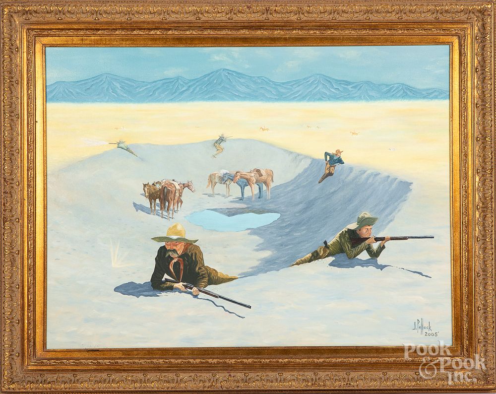 Appraisal: Oil on canvas Western illustration Oil on canvas Western illustration