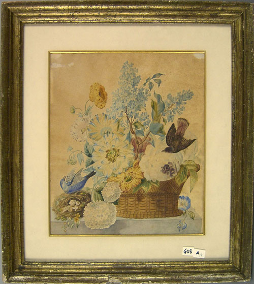 Appraisal: Watercolor floral still life late th c with a bird