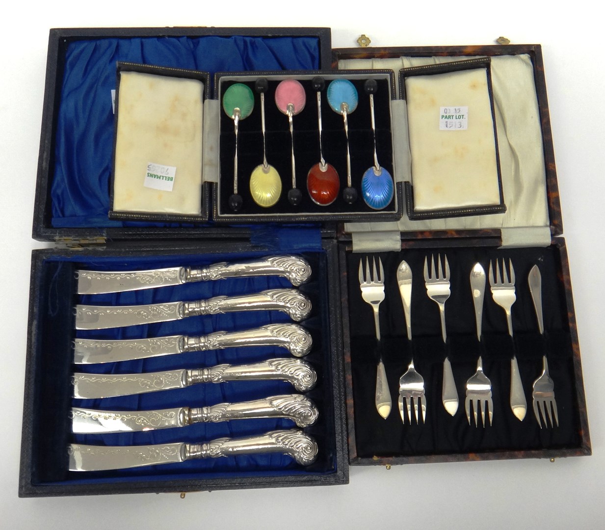 Appraisal: A set of six silver and vary coloured enamel coffee