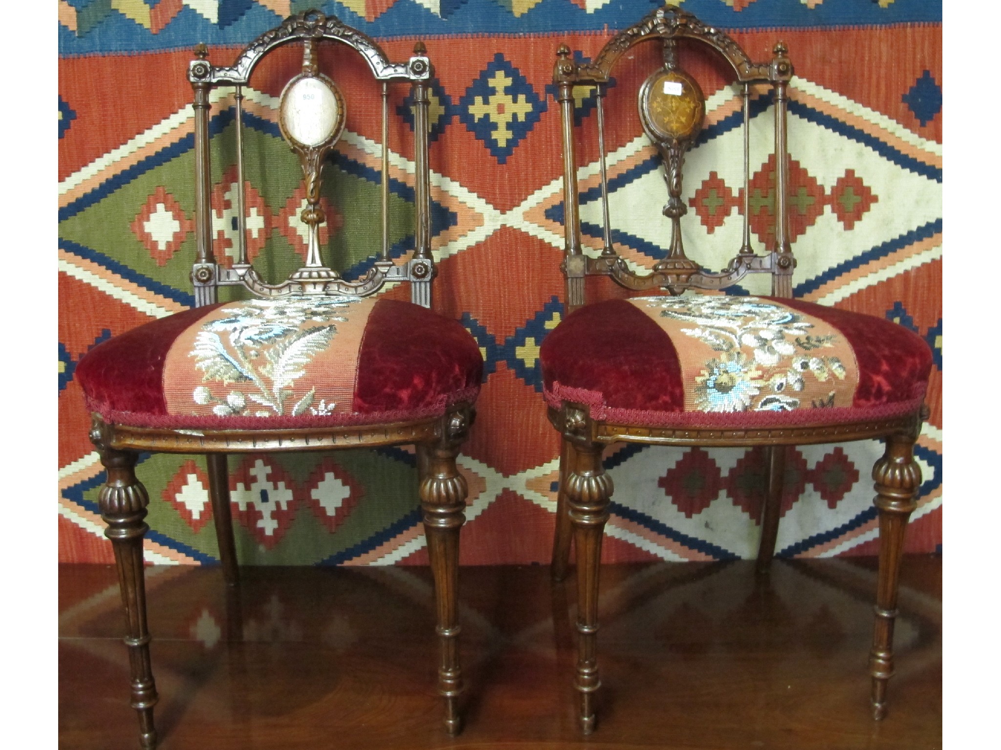 Appraisal: A pair of Victorian inlaid walnut bedroom chairs with beadwork