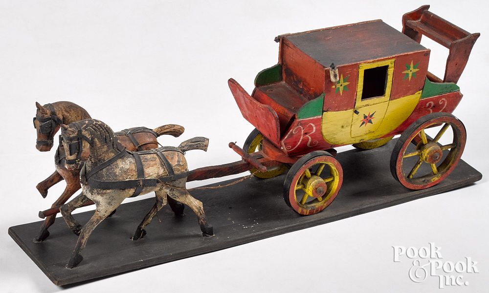 Appraisal: Folk art painted wood horse and carriage team Folk art