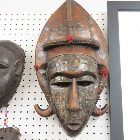 Appraisal: African Tribal Mask carved wood with metalwork x