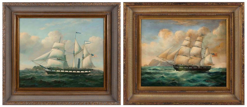 Appraisal: ROBERT SANDERS AMERICA CONTEMPORARY TWO SHIP PORTRAITS HAND-PAINTED PRINTS ON