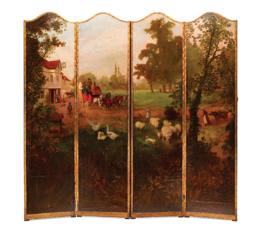 Appraisal: Continental Painted Four-Panel Screen featuring a carriage in the countryside