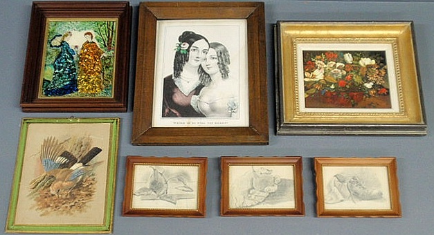 Appraisal: Eight framed items- Currier print tinsel work drawings etc