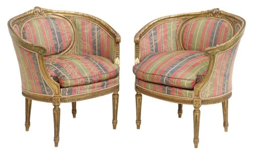 Appraisal: pair French Louis XVI style giltwood armchairs th c having