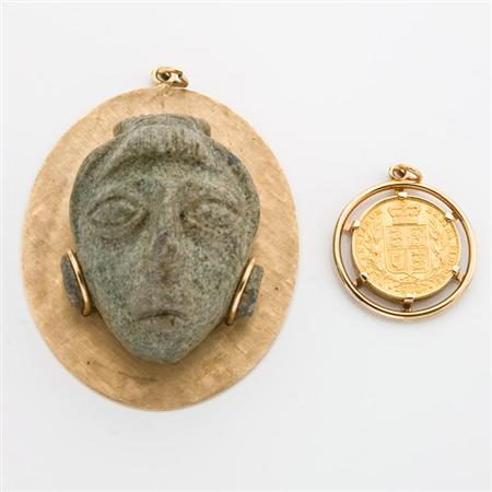 Appraisal: Gold and Metal Coin Pendant and Gold and Carved Agate