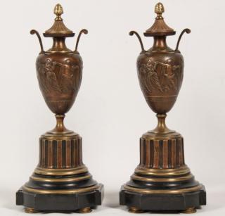 Appraisal: PAIR OF FRENCH TWO TONE BRONZE FIGURAL URNS PAIR OF