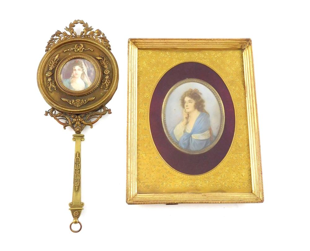 Appraisal: MINIATURE Two gilt framed portraits woman on round support set