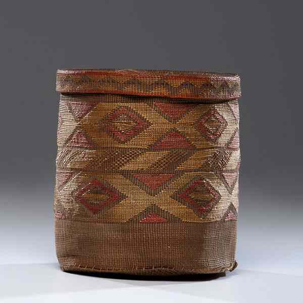 Appraisal: Tlingit Polychrome Rattle-Top Basket finely woven with beautiful banded designs