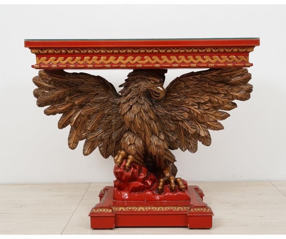 Appraisal: Carved eagle red pier table with floral decorated top mid