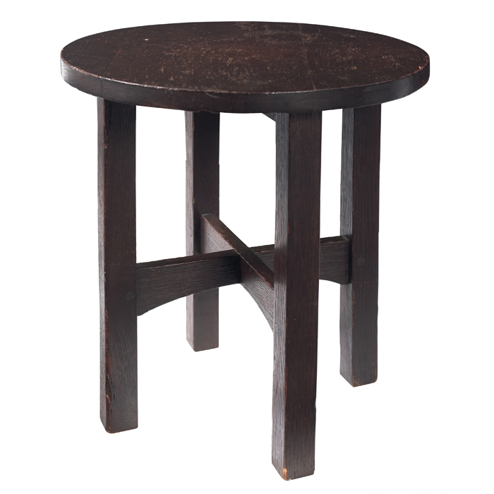 Appraisal: Gustav Stickley tabouret circular top over anarched cross-stretcher base lightly