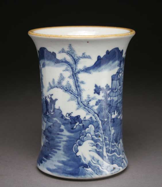 Appraisal: ANTIQUE BLUE AND WHITE BRUSHPOT Antique Chinese blue and white