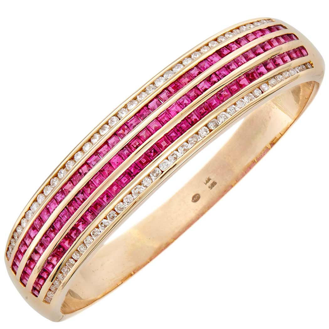 Appraisal: Gold Ruby and Diamond Bangle Bracelet kt square-cut rubies ap