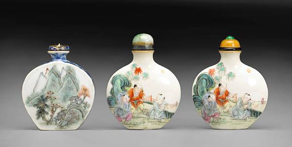 Appraisal: Three polychrome enameled porcelain snuff bottles Including a pair of