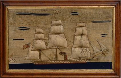 Appraisal: TWO BRITISH WOOLWORK PICTURES Each worked with a -masted ship