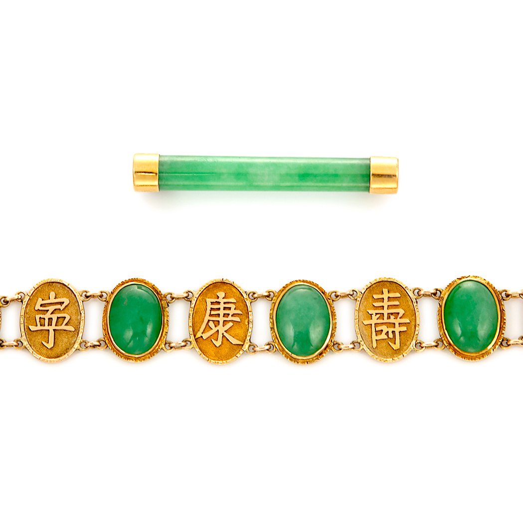 Appraisal: Gold and Jade Bracelet and Pin Ap dwt Length inches