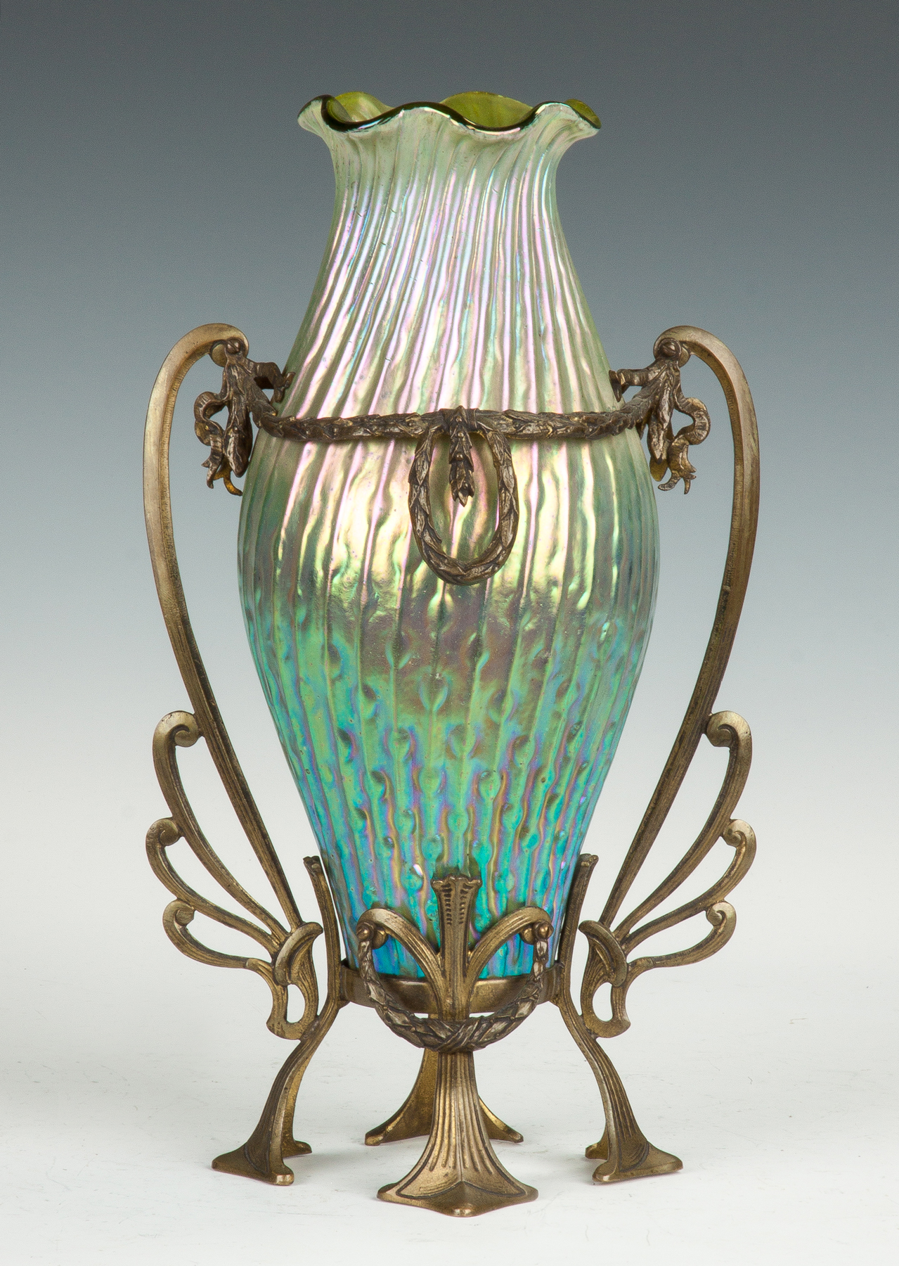 Appraisal: Kralik Sea Urchin Decor Vase C With Iridescent Twisted Rib