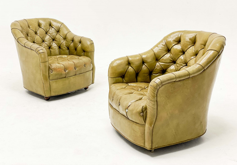 Appraisal: Ward BennettAmerican - Pair of Club Chairstufted leather raised on