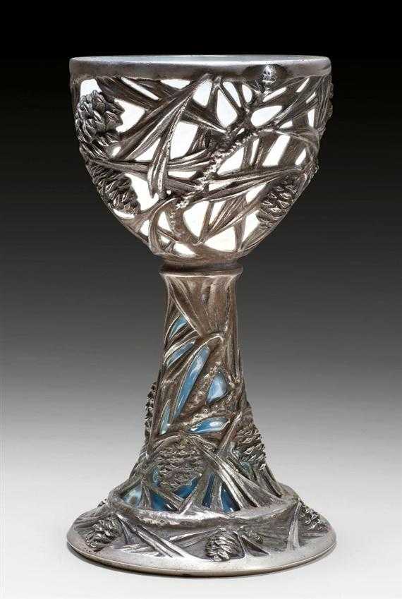 Appraisal: LALIQUE REN CHALICE Chased silver and opaline blown glass Signed