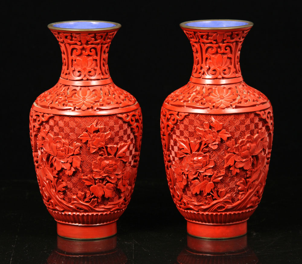 Appraisal: - Pr th C Chinese Cinnabar Vases Pair of early