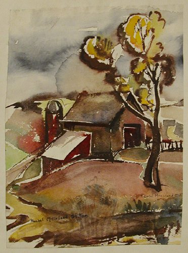 Appraisal: a Red barn landscape b Two children and dog playing