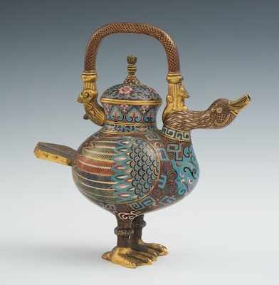 Appraisal: An Archaic Style Duck Teapot Charming lidded teapot with gilt