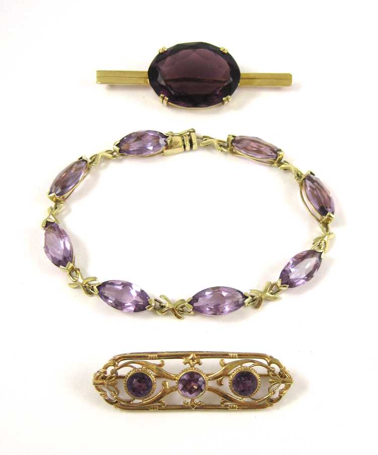 Appraisal: THREE ARTICLES OF AMETHYST JEWELRY including a k yellow gold