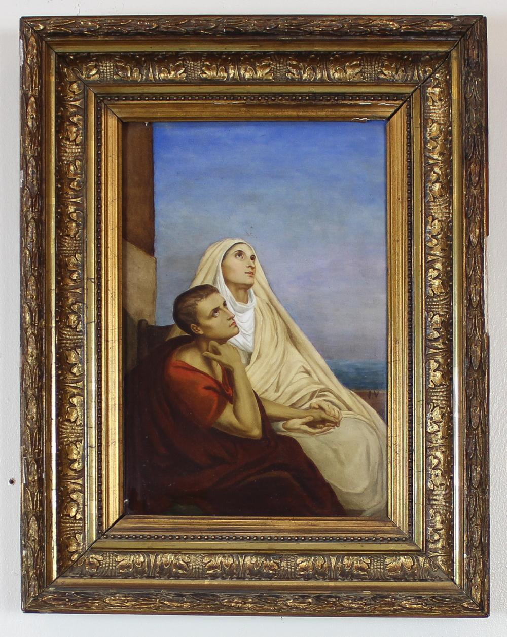 Appraisal: HAND-PAINTED PORCELAIN PLAQUE St Monica and her son St Augustine