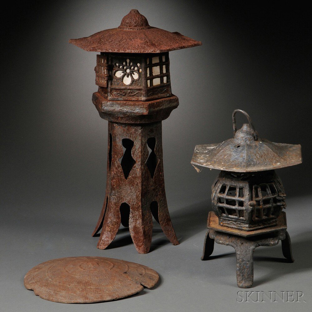 Appraisal: Two Iron Lanterns and a Lantern Roof Japan a hanging