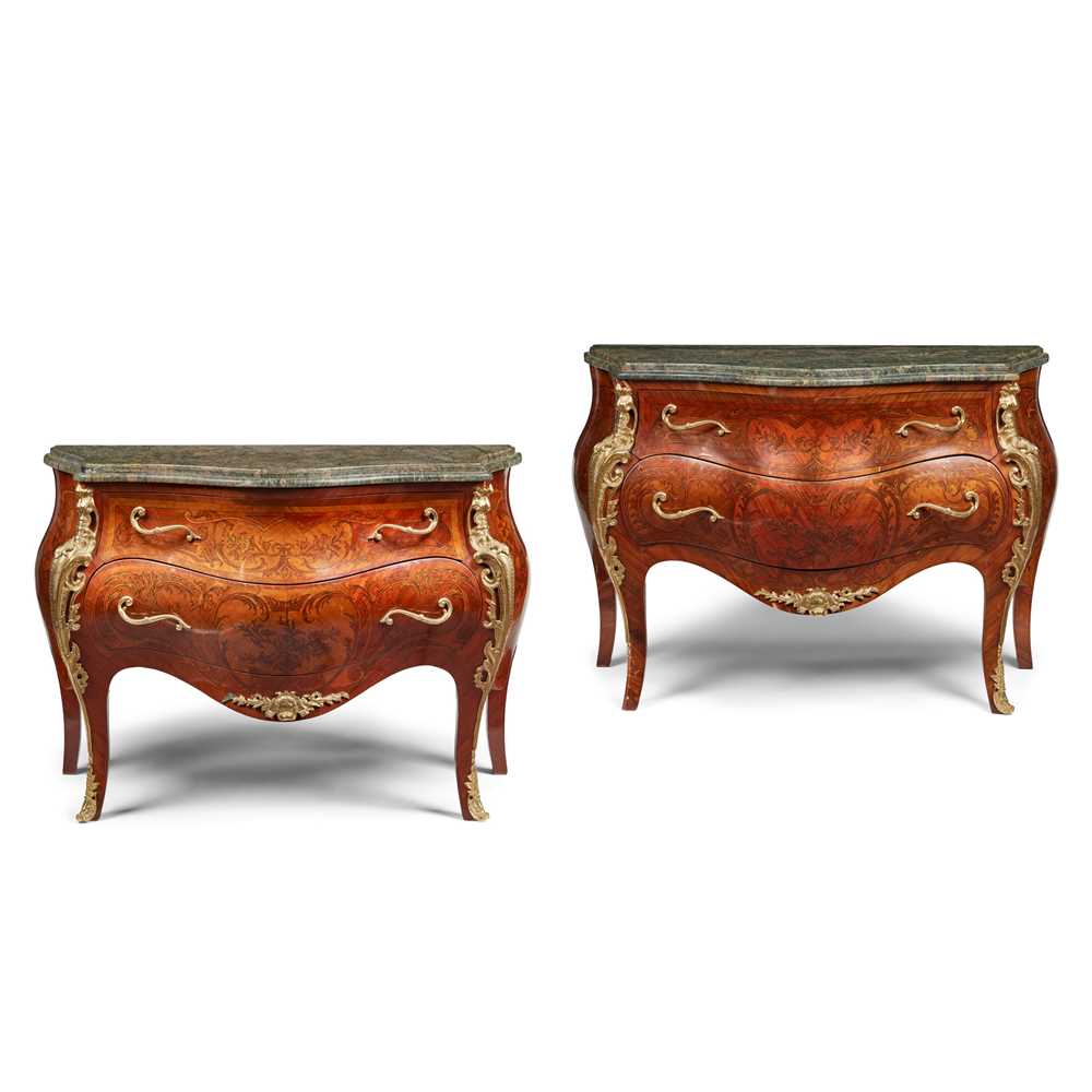 Appraisal: PAIR OF LOUIS XVI STYLE KINGWOOD AND MARQUETRY MARBLE TOPPED