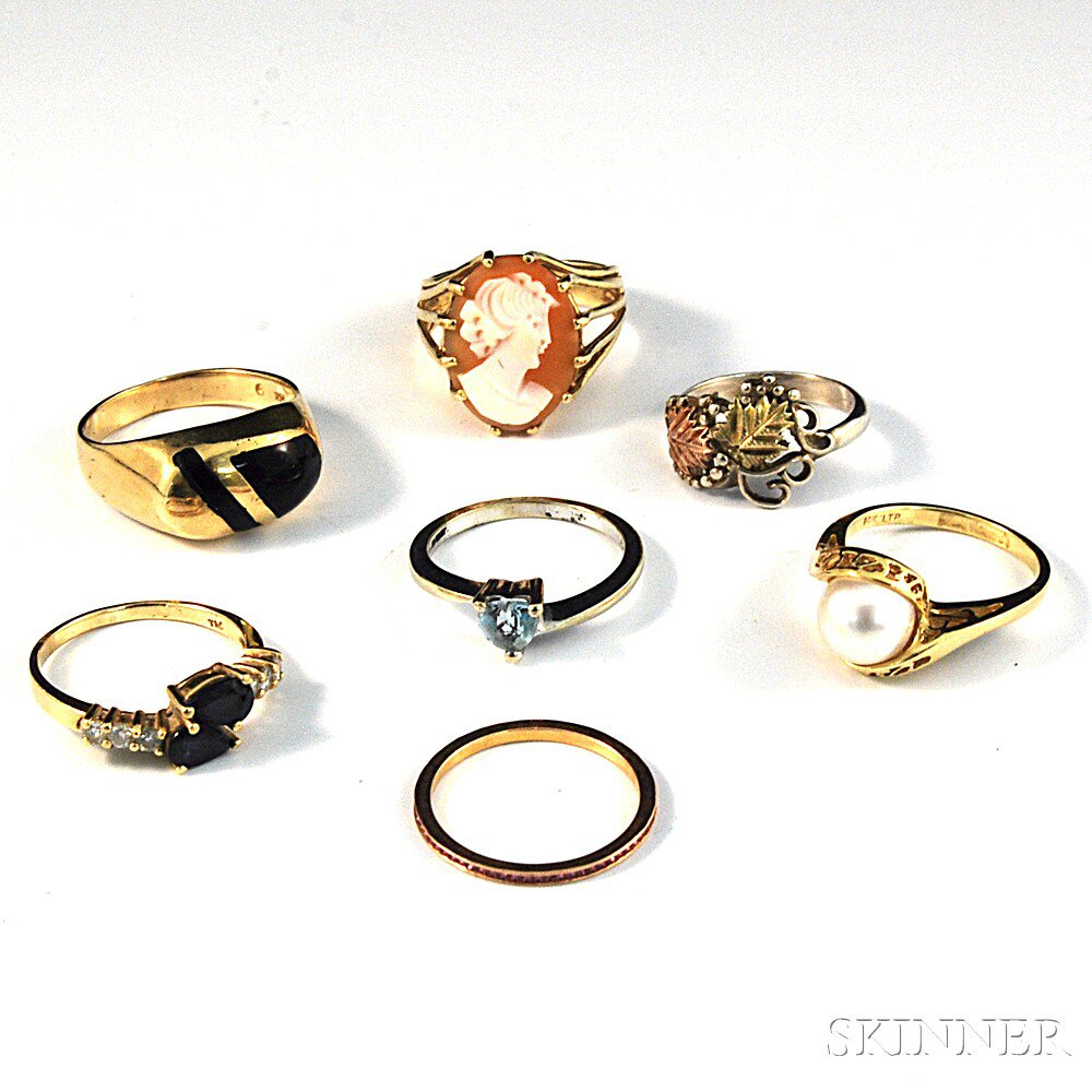 Appraisal: Seven Mostly kt Gold Gem-set Rings including a shell-carved cameo