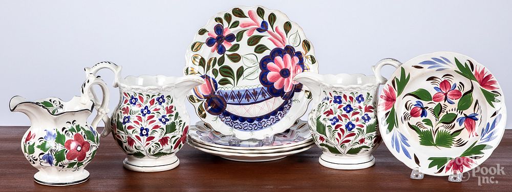 Appraisal: Gaudy Welsh and Adams Rose pitchers and plates Gaudy Welsh