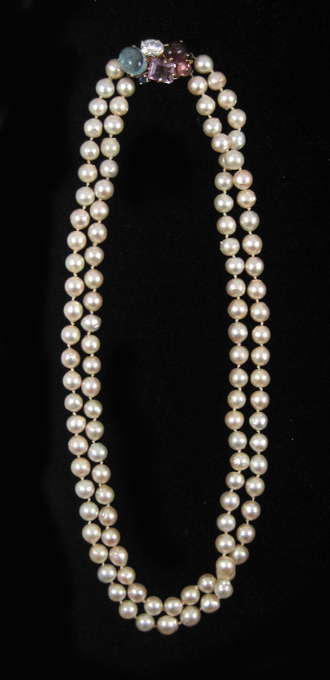 Appraisal: DOUBLE STRAND PEARL AND YELLOW GOLD NECKLACE measuring - inches