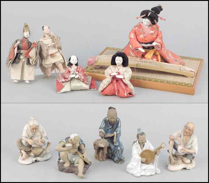 Appraisal: THREE CHINESE MUDMEN Together with two Japanese porcelain figures and