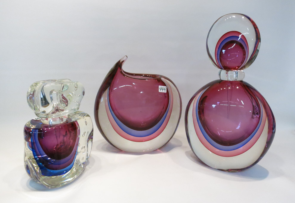 Appraisal: THREE SIGNED STUDIO ART GLASS VESSELS decanters and vase All