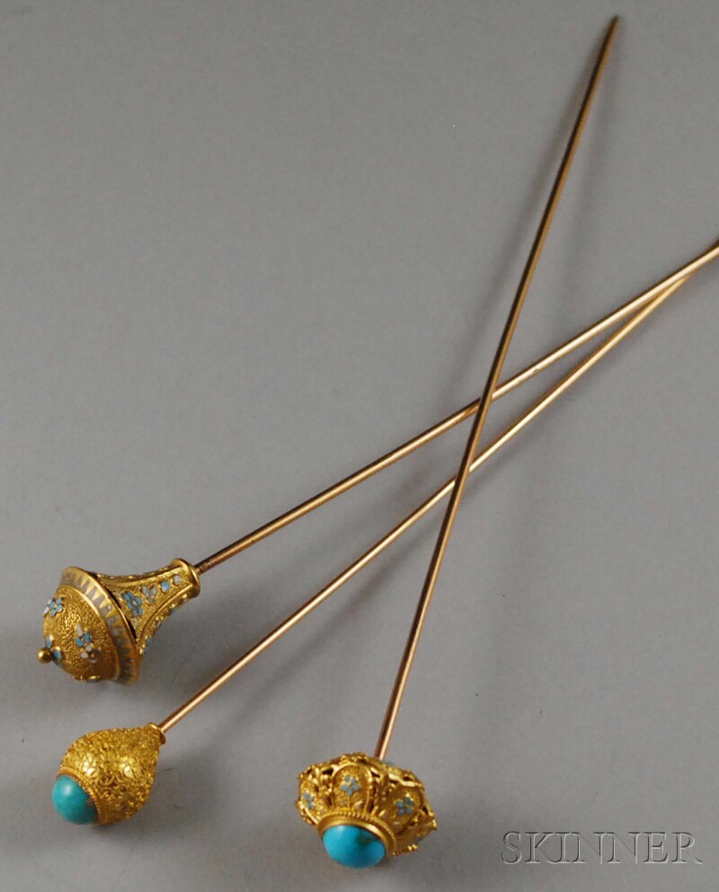 Appraisal: Three Gold Edwardian Hat Pins two set with turquoise two